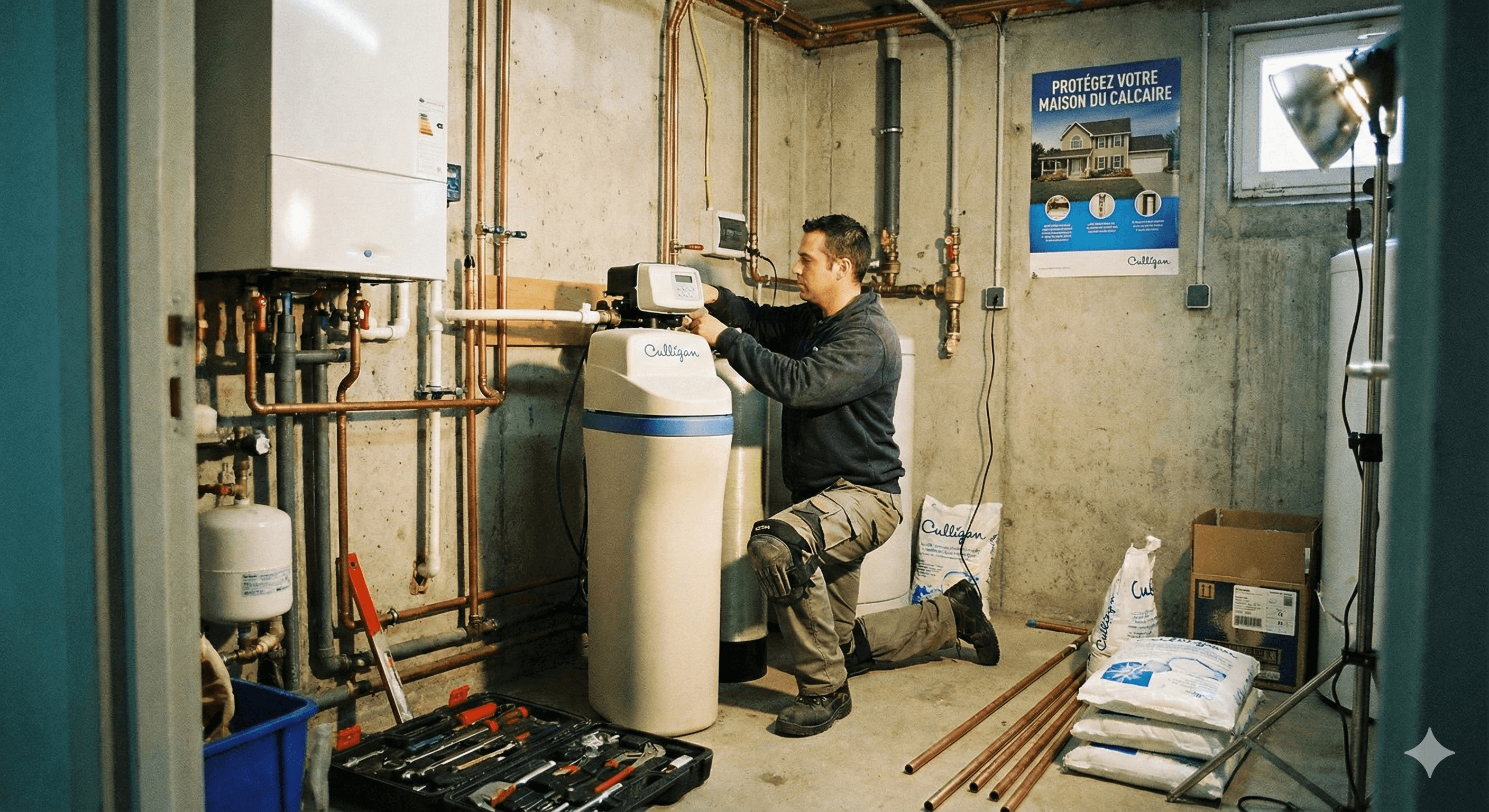 Technicien professionnel installant un adoucisseur d'eau dans l'Ain
